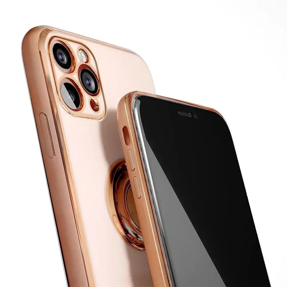 Etui do iPhone 12 Pro eleganckie, ze złotym, metalowym uchwytem i zdobieniami, osłona na aparat, pudrowy róż