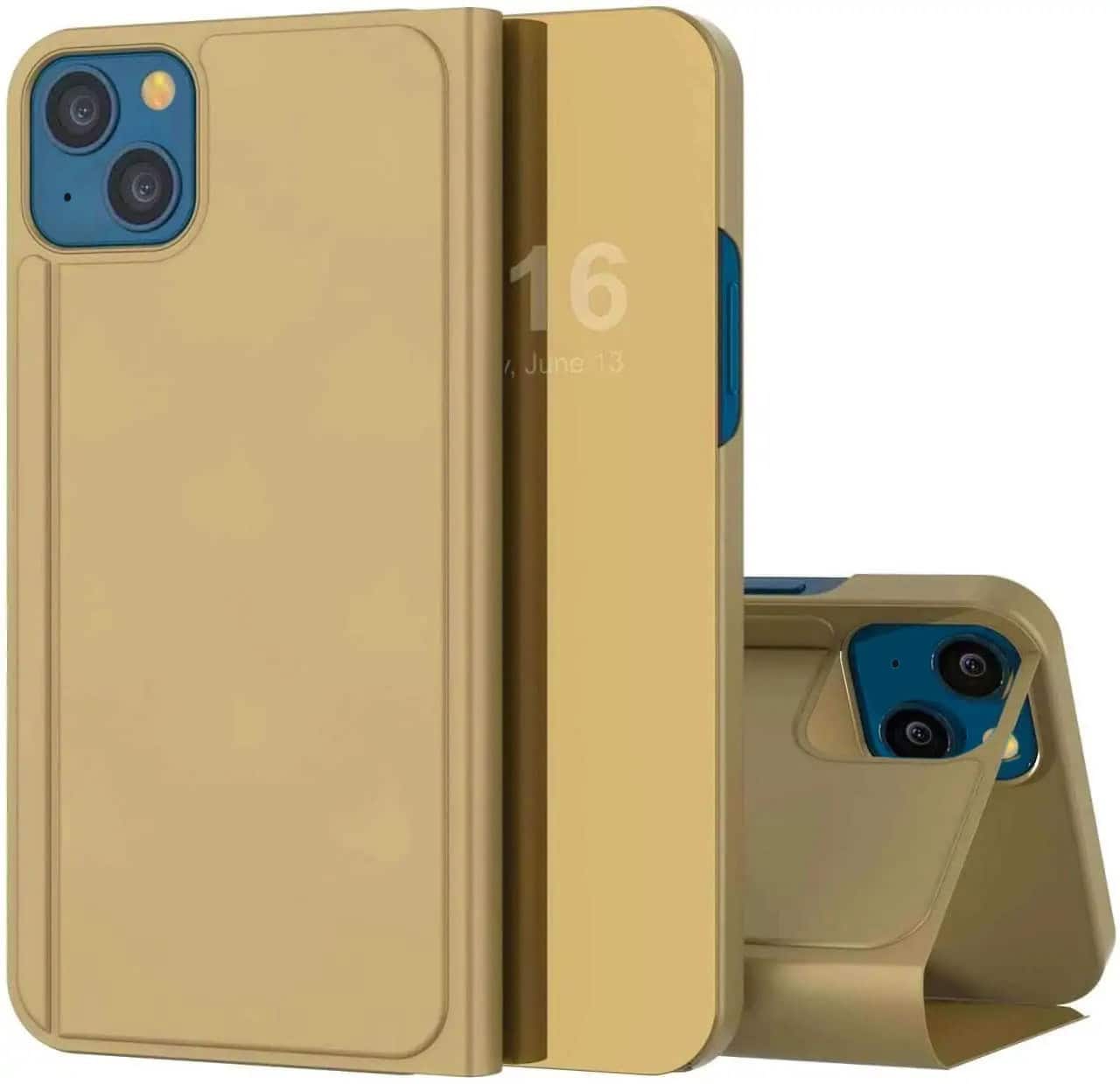 Etui do iPhone 13 Mirror View zamykane typu książka, eleganckie lustrzane, złote (OUTLET)