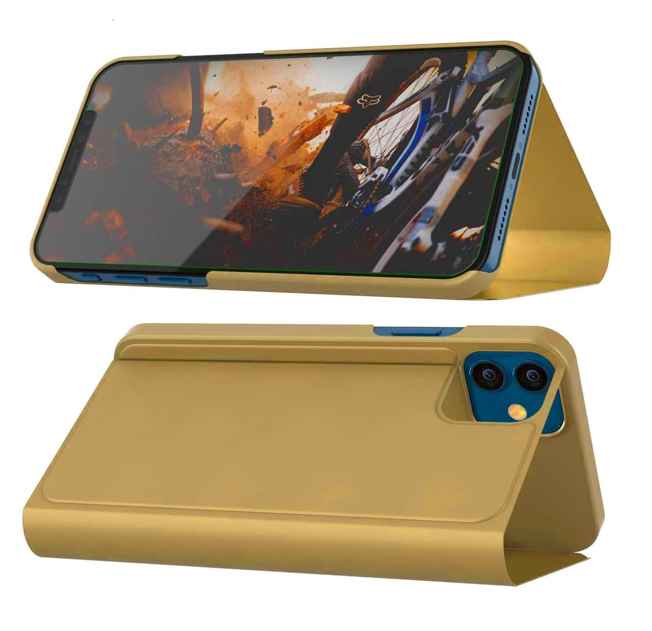 Etui do iPhone 13 Mirror View zamykane typu książka, eleganckie lustrzane, złote (OUTLET)