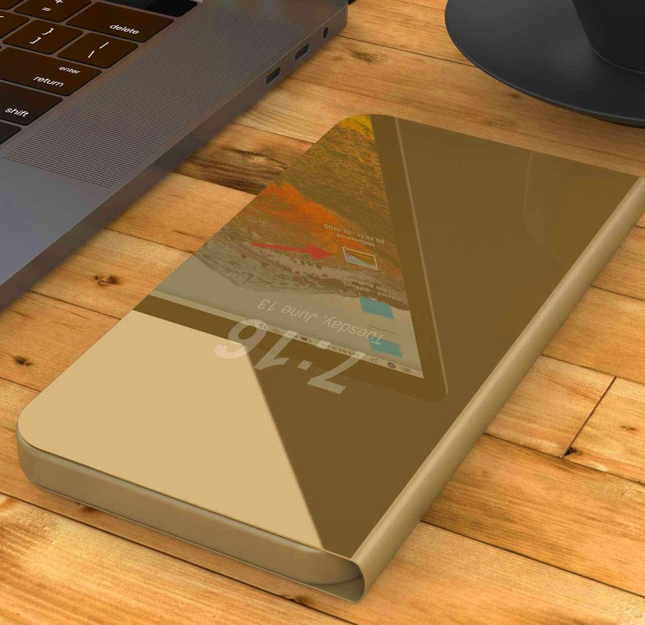 Etui do iPhone 13 Mirror View zamykane typu książka, eleganckie lustrzane, złote (OUTLET)