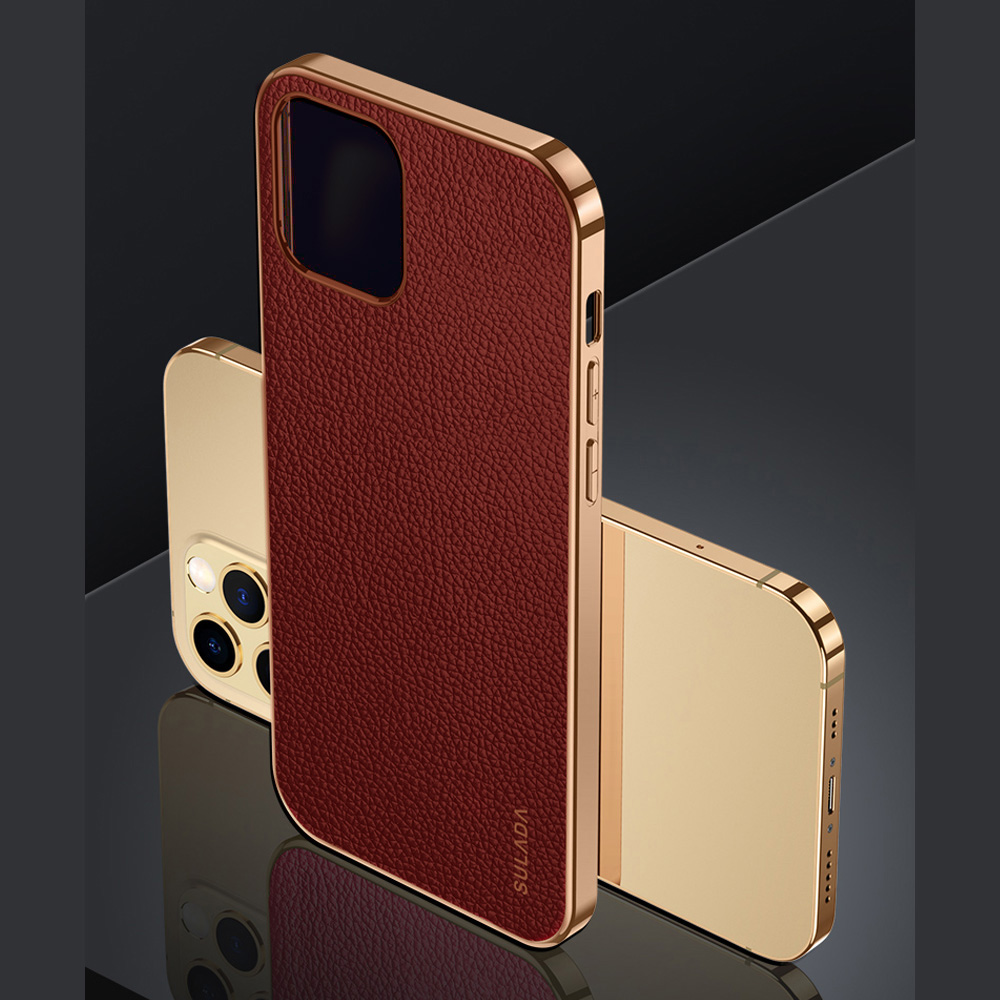 Etui do iPhone 12 Pro eleganckie luksusowe skórzane brązowe ze złotem