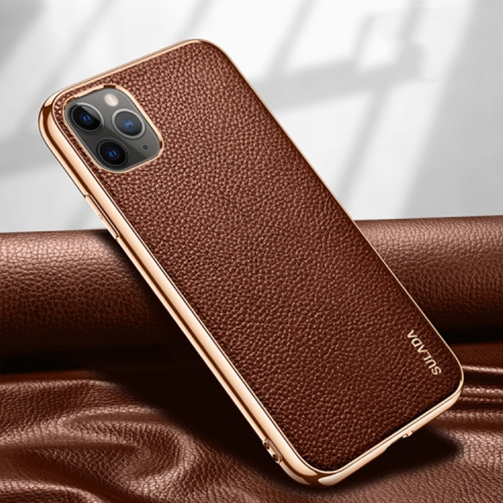 Etui do iPhone 12 Pro eleganckie luksusowe skórzane brązowe ze złotem