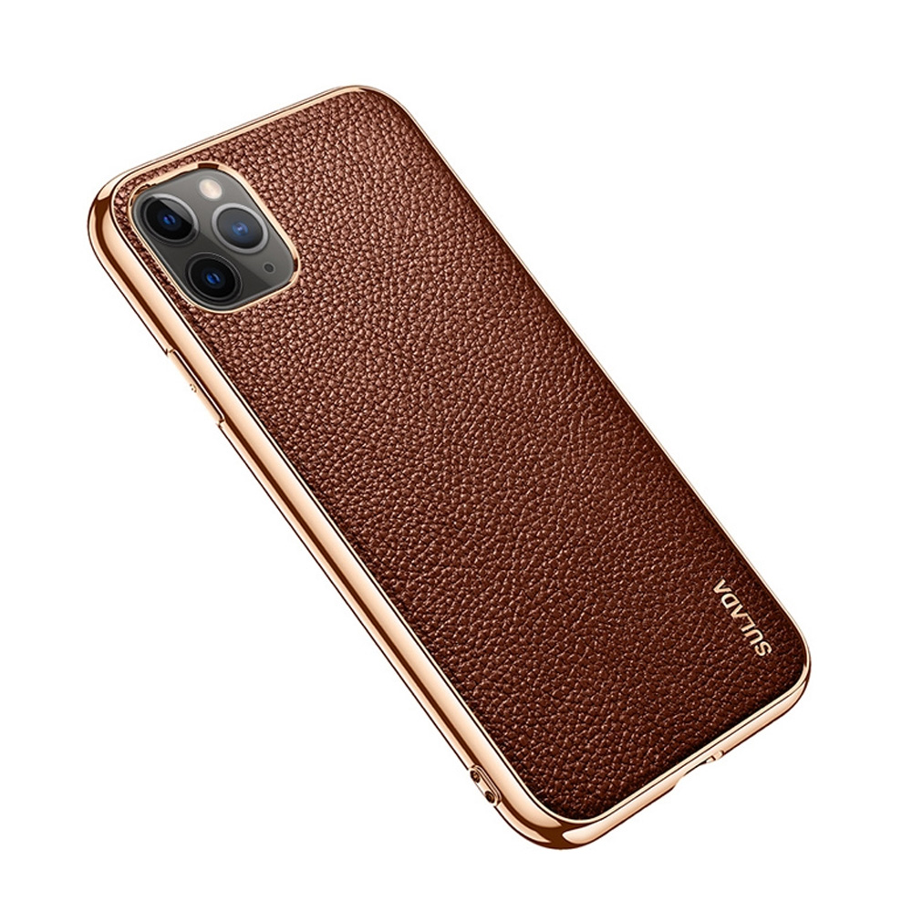 Etui do iPhone 12 Pro eleganckie luksusowe skórzane brązowe ze złotem