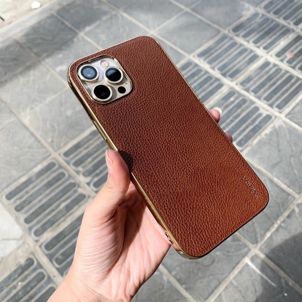 Etui do iPhone 12 Pro eleganckie luksusowe skórzane brązowe ze złotem