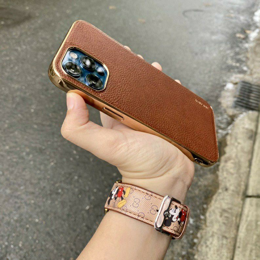 Etui do iPhone 12 Pro eleganckie luksusowe skórzane brązowe ze złotem