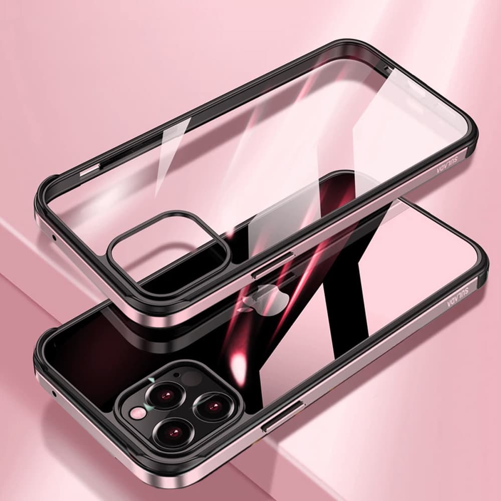 Etui do iPhone 14 Pro Max krystalicznie krystaliczny tył z metalową ramką, trwałe, eleganckie Sulada oryginal, różowe złoto