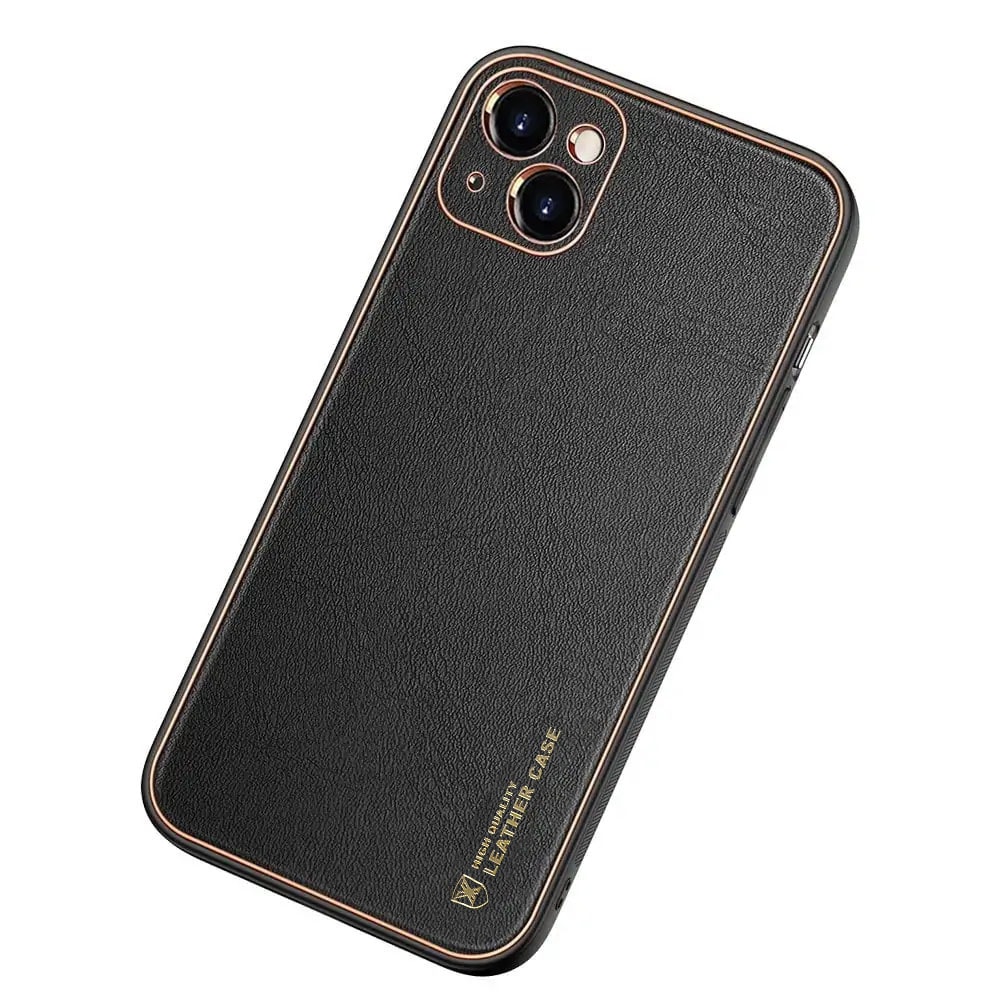 Etui do iPhone 13 Mini minimalistyczne skórzane z ochroną aparatu i złotym wykończeniem, czarne