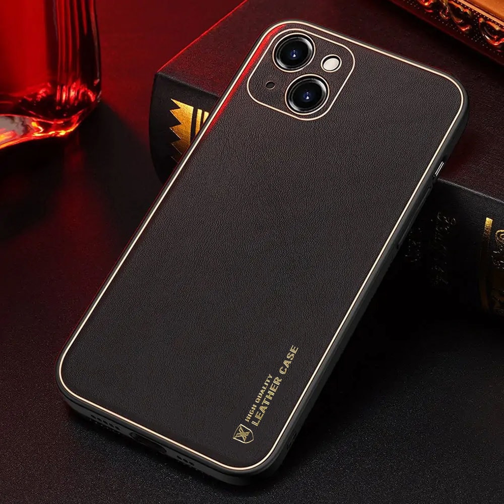 Etui do iPhone 13 Mini minimalistyczne skórzane z ochroną aparatu i złotym wykończeniem, czarne