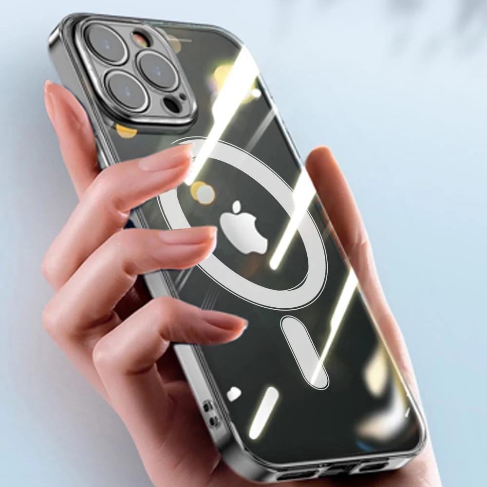 Etui do iPhone 12 Pro cienkie, przeźroczyste, z osłoną na aparat, szklany tył z MagSafe