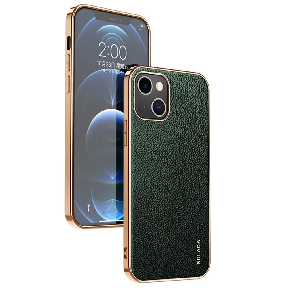 Etui do iPhone 13 eleganckie luksusowe skórzane zielone ze złotem