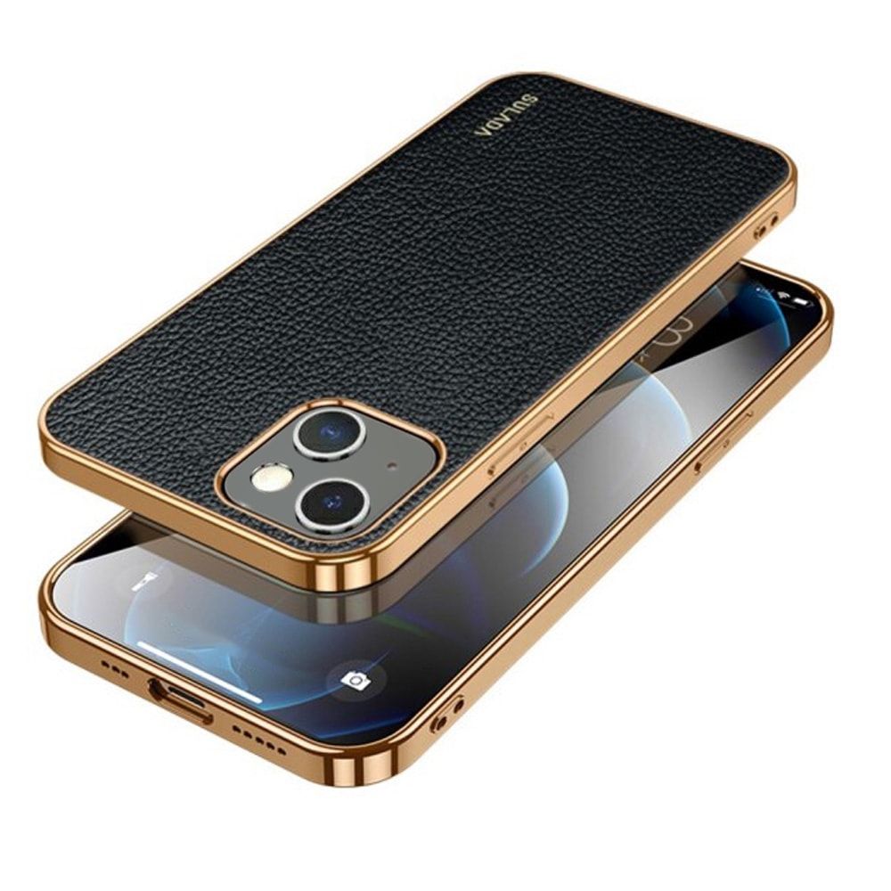 Etui do iPhone 14 Plus eleganckie luksusowe skórzane czarne ze złotem