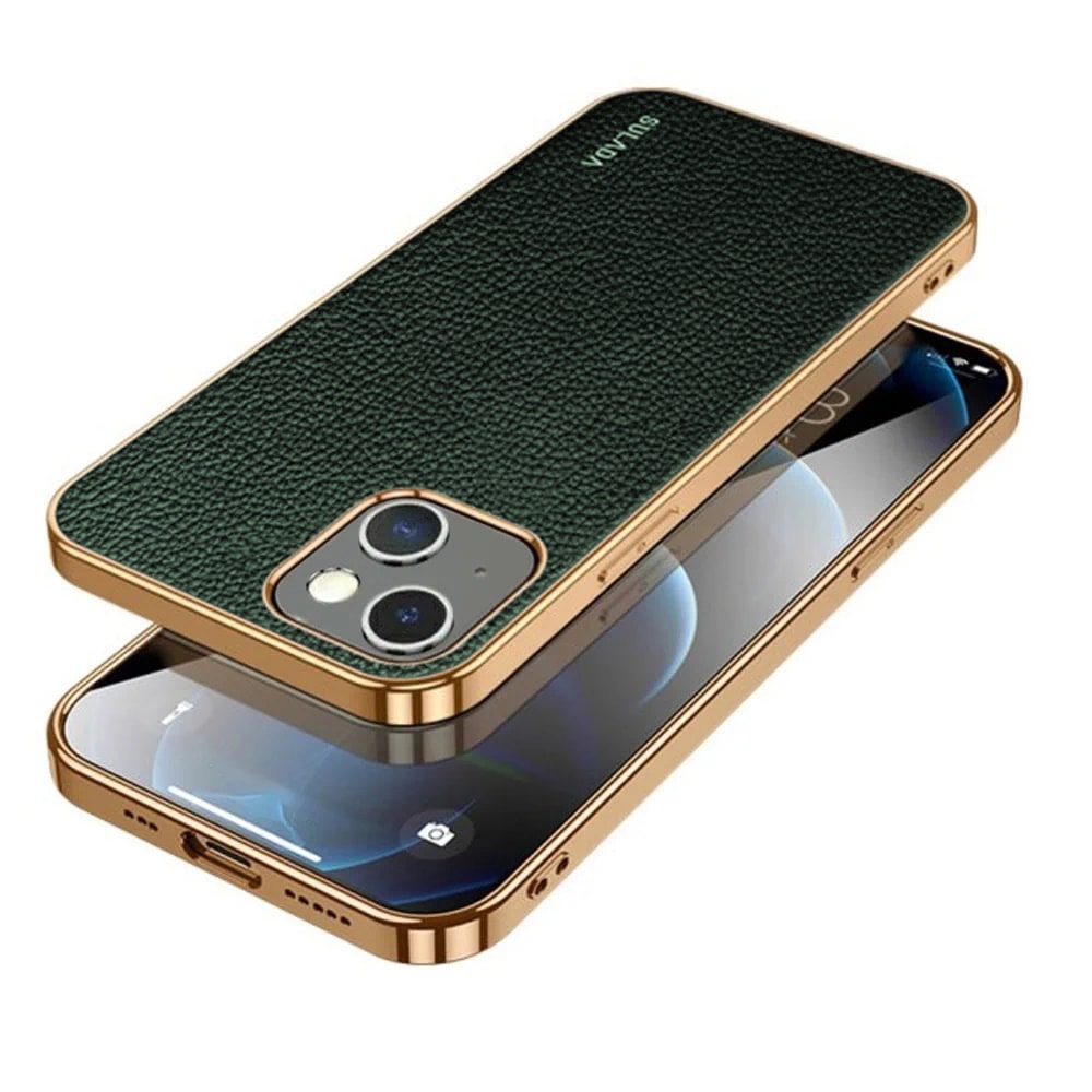 Etui do iPhone 13 Mini eleganckie luksusowe skórzane zielone ze złotem