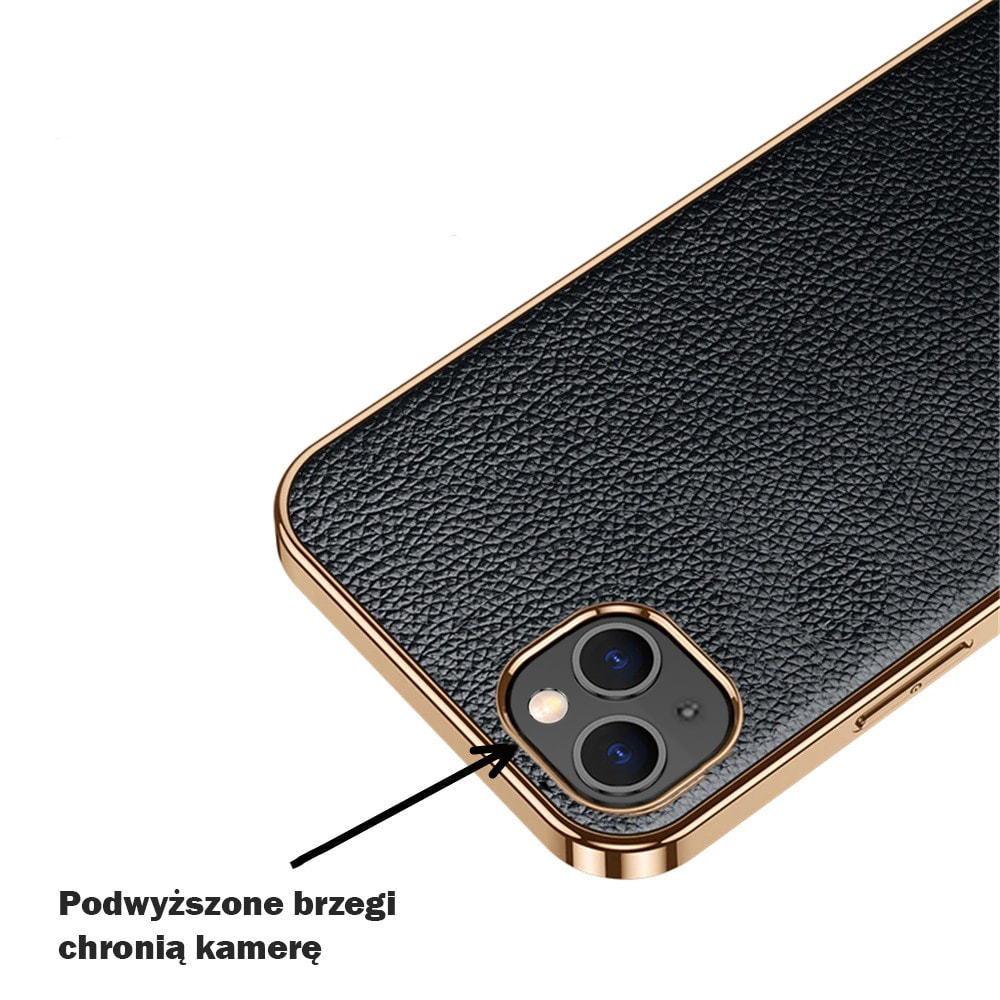 Etui do iPhone 14 Plus eleganckie luksusowe skórzane czarne ze złotem