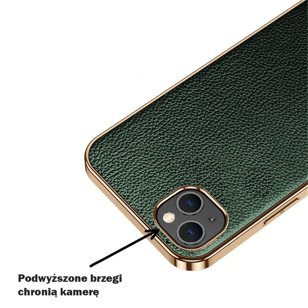 Etui do iPhone 13 Mini eleganckie luksusowe skórzane zielone ze złotem