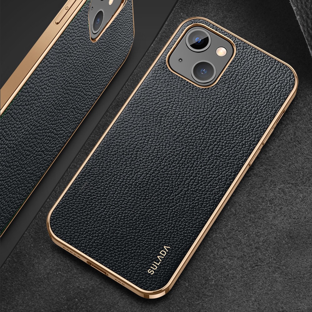 Etui do iPhone 14 Plus eleganckie luksusowe skórzane czarne ze złotem