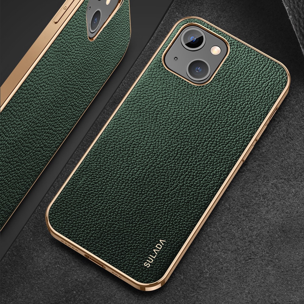 Etui do iPhone 13 Mini eleganckie luksusowe skórzane zielone ze złotem