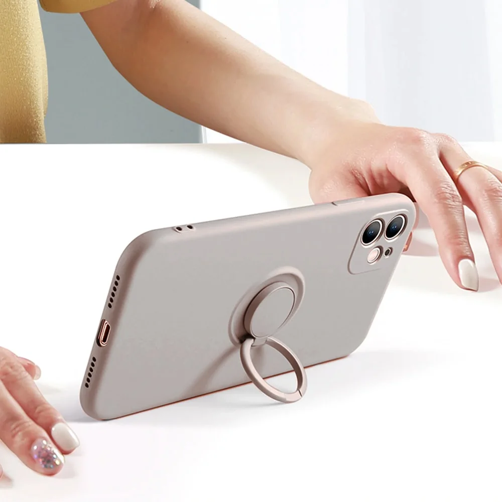 Etui do iPhone 12 Magnetic Ring matowe nie widać śladów, uchwyt magnetyczny, szary