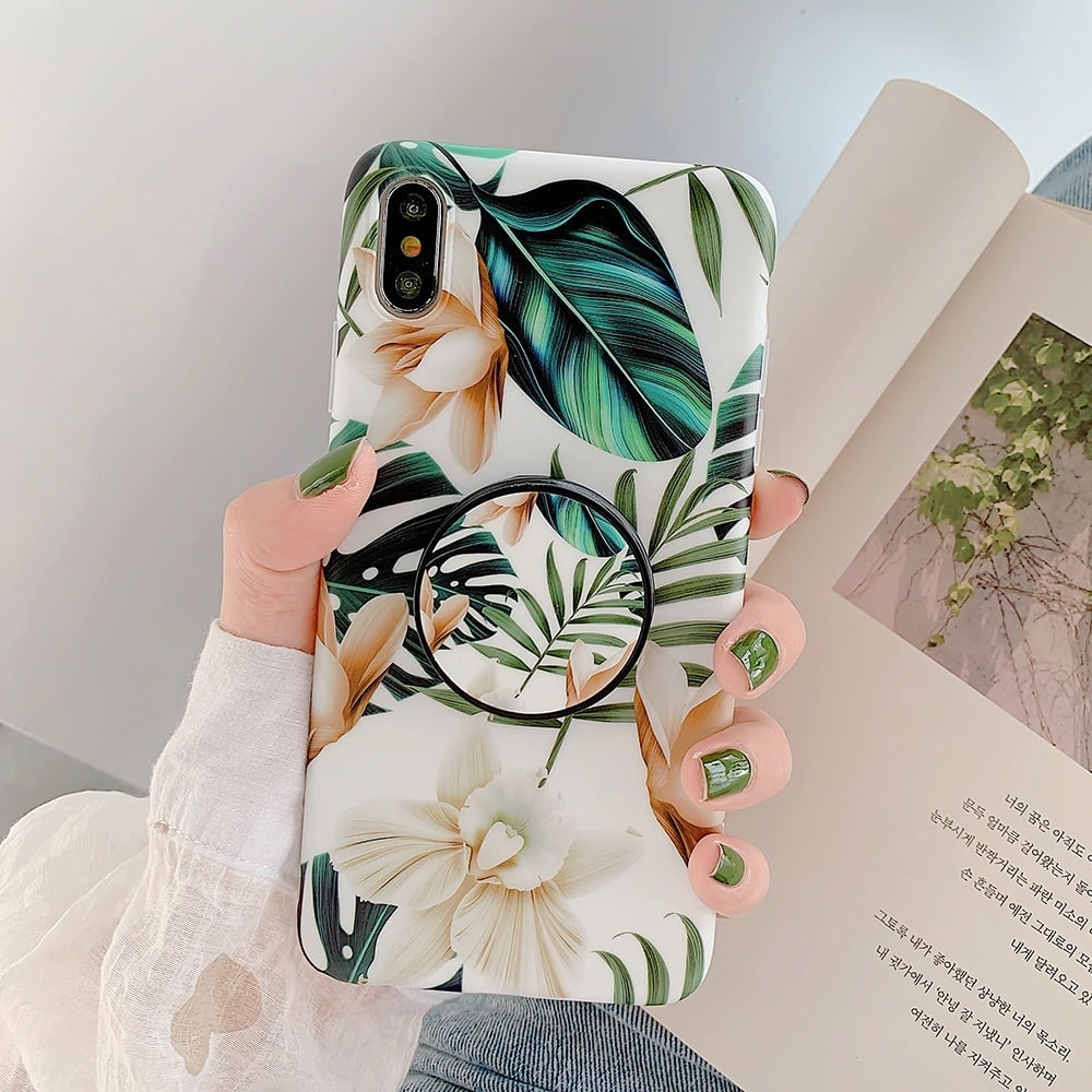 Etui kwiaty iPhone XS Max z uchwytem – Brązowy kwiat