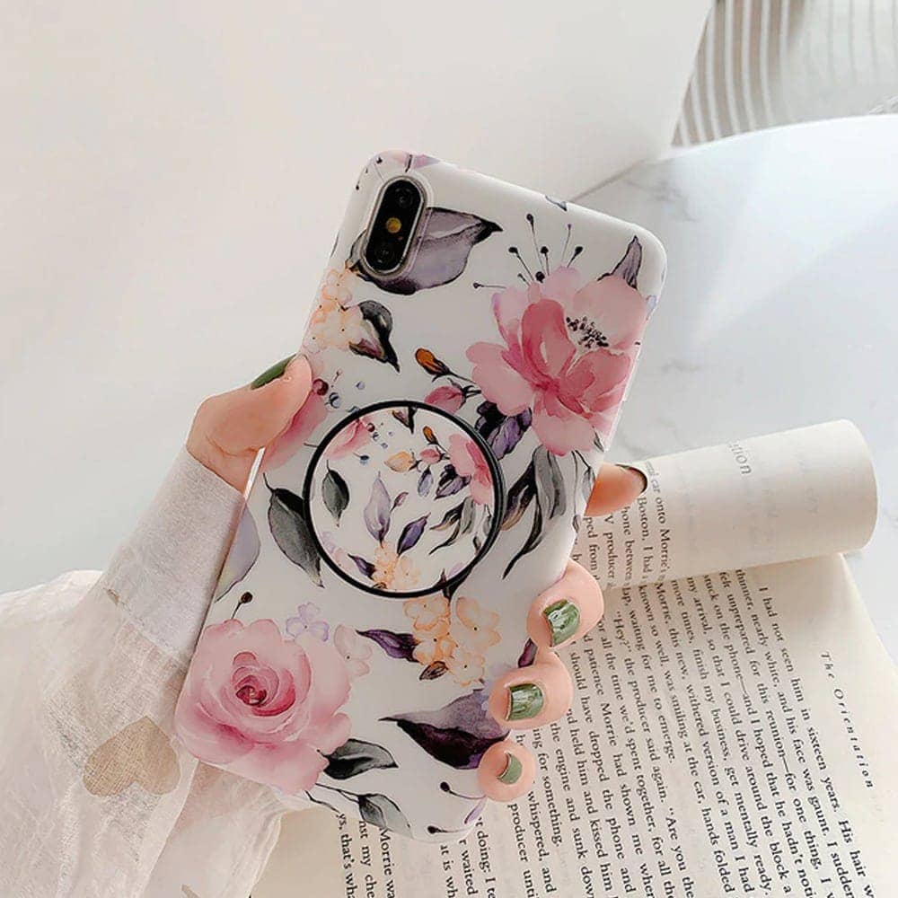 Etui kwiaty iPhone XS Max z uchwytem – BIAŁY