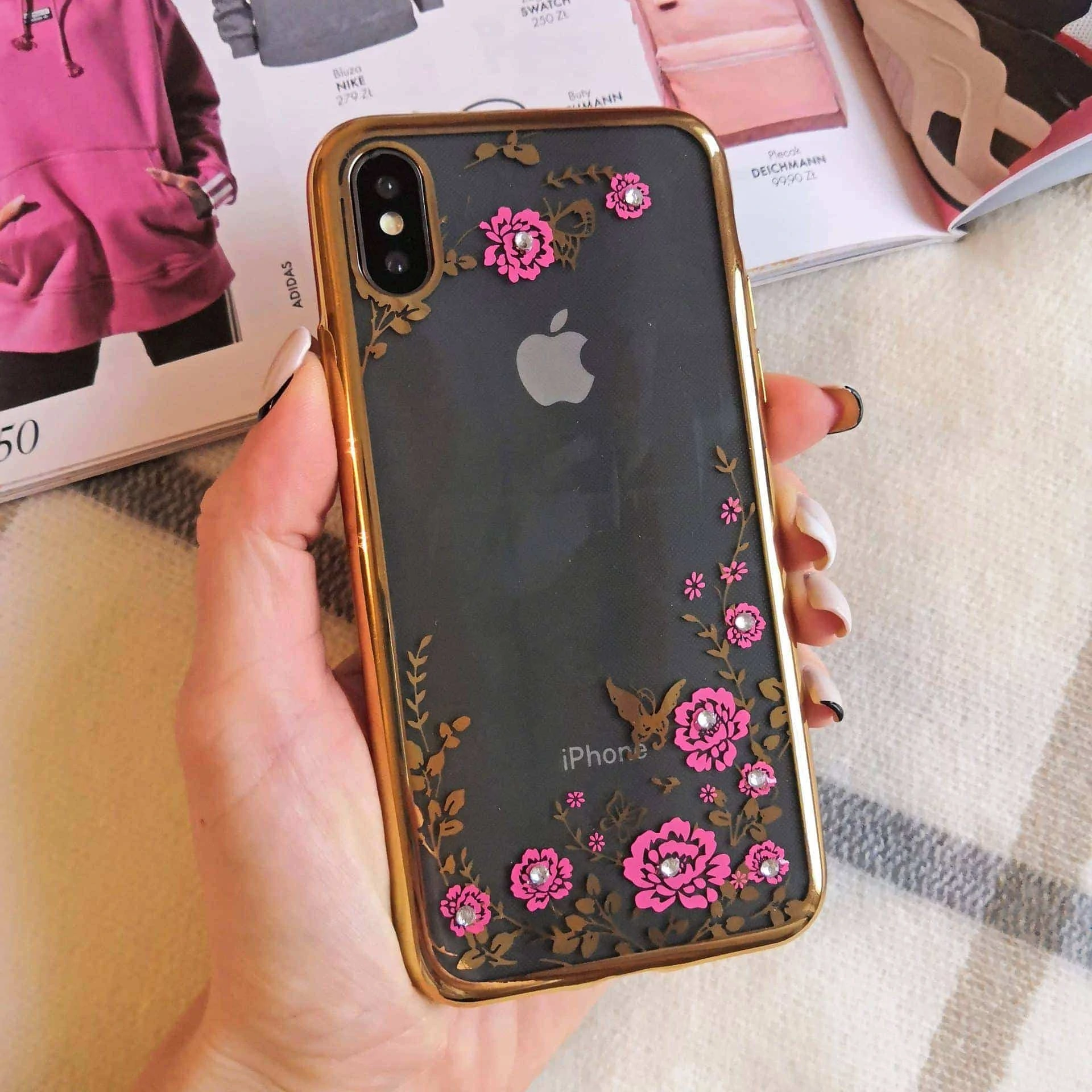 Etui do iPhone X/XS przeźroczyste z kwiatami, złote