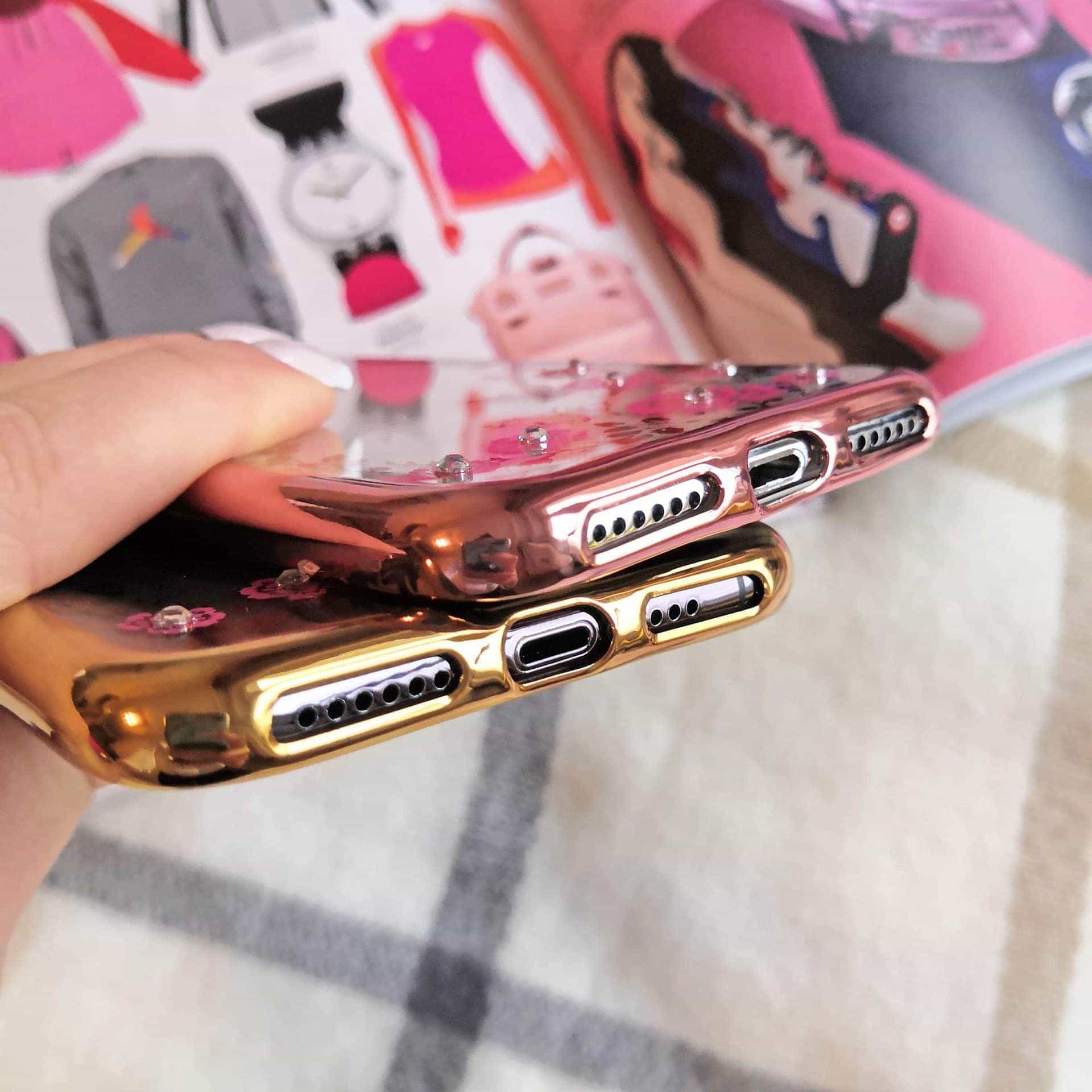 Etui do iPhone X/XS przeźroczyste z kwiatami, złote