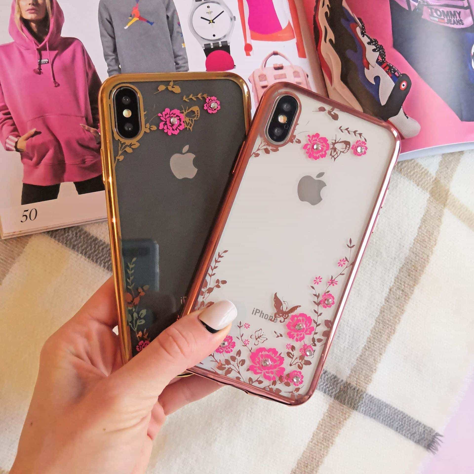 Etui do iPhone X/XS przeźroczyste z kwiatami, złote