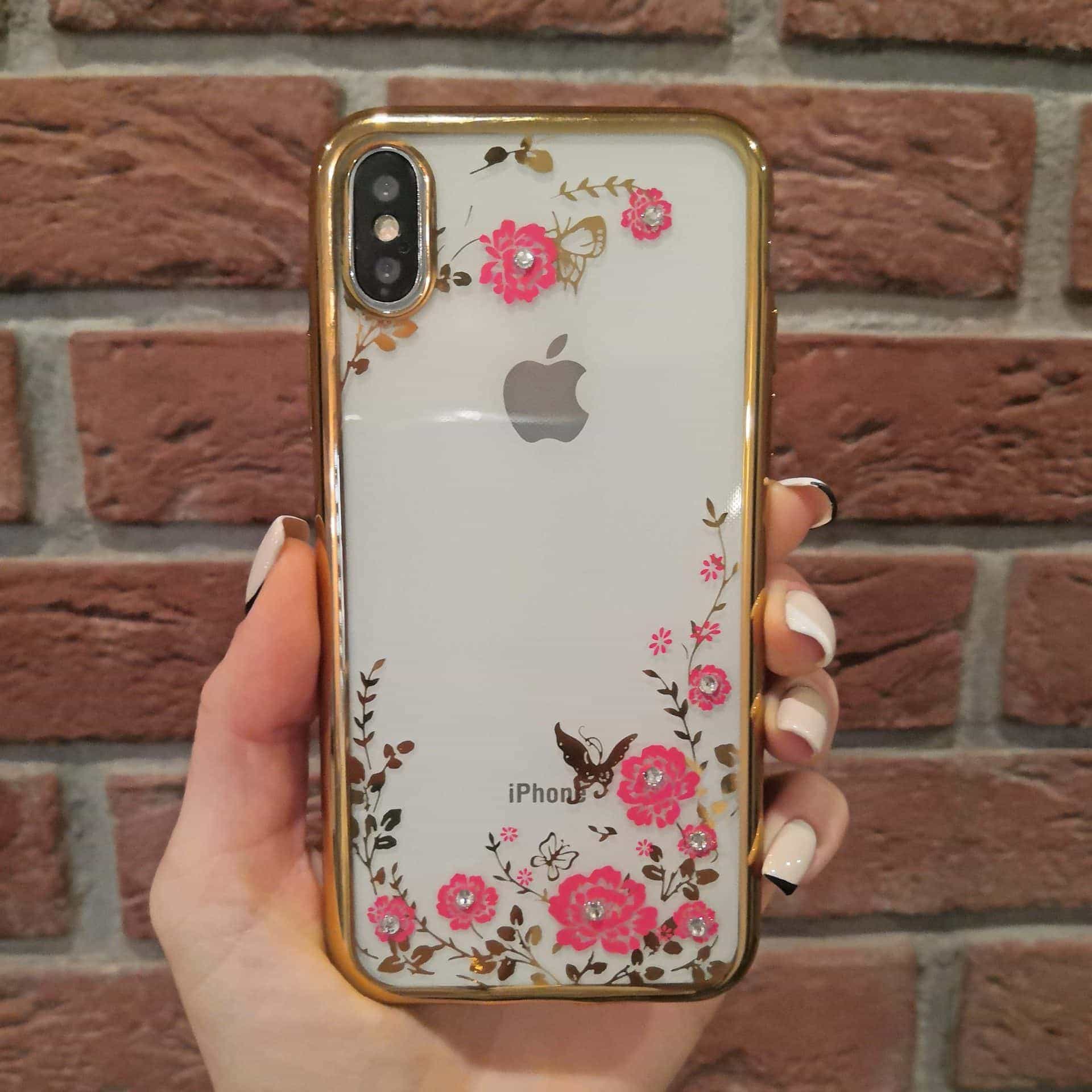 Etui do iPhone X/XS przeźroczyste z kwiatami, złote