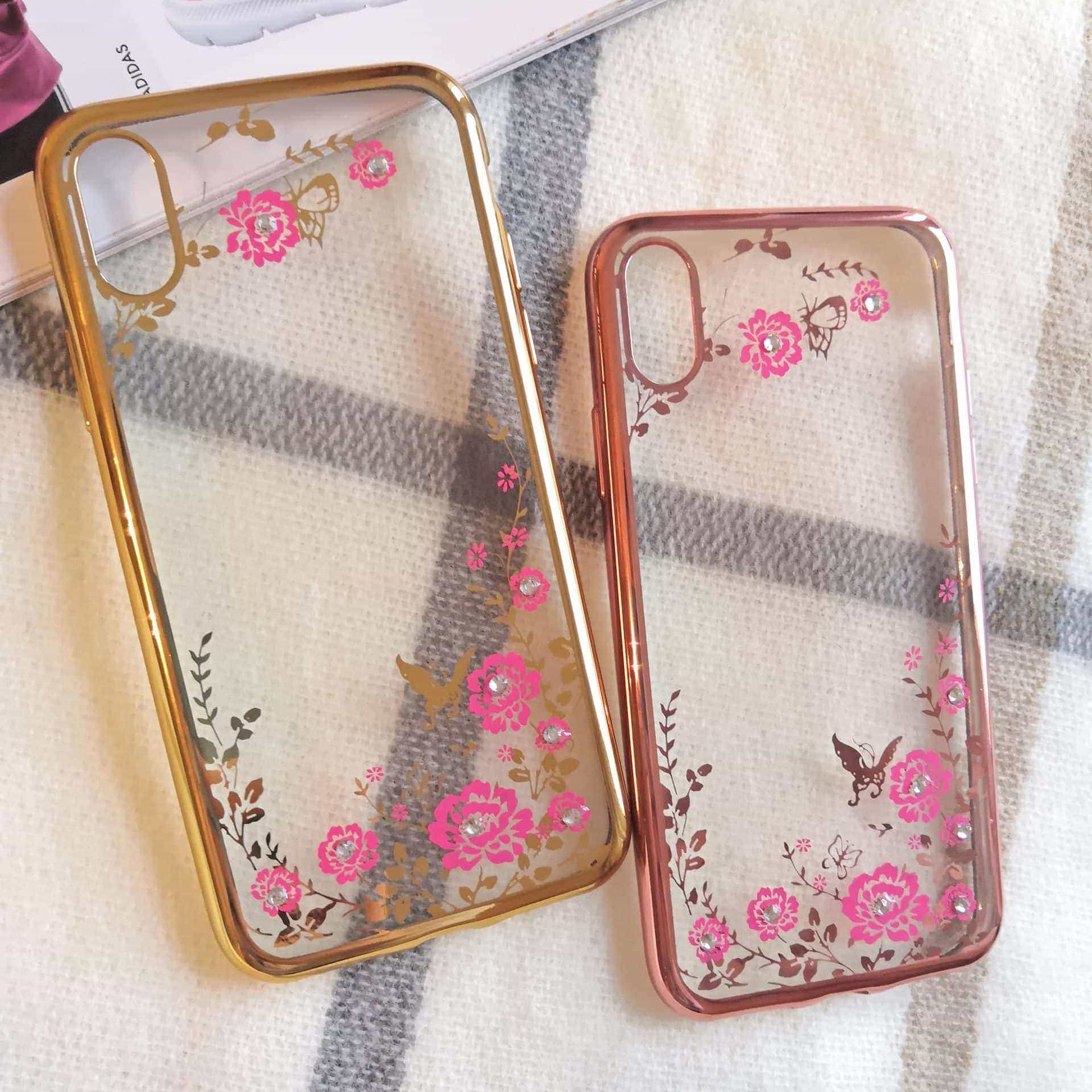 Etui do iPhone X/XS przeźroczyste z kwiatami, złote