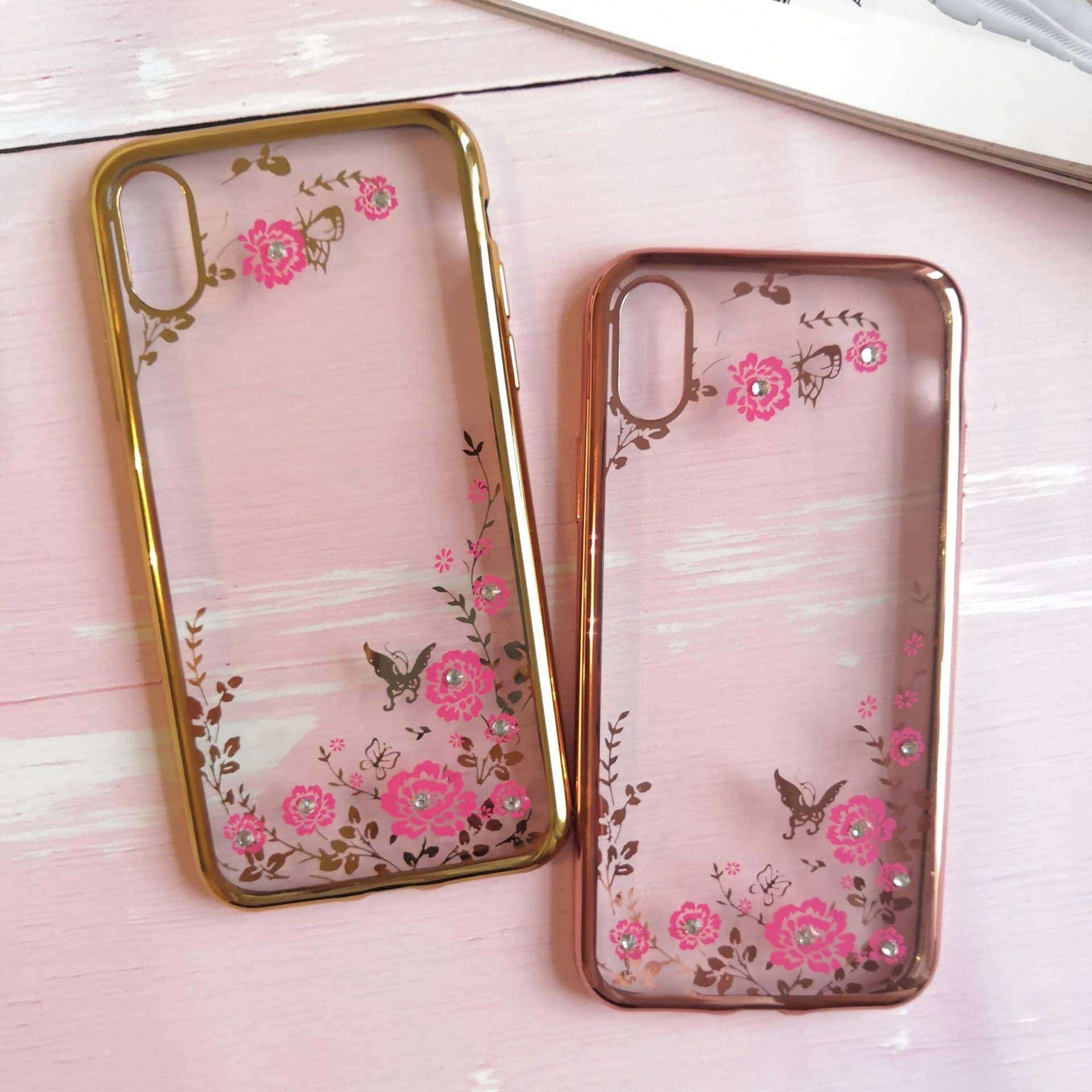 Etui do iPhone X/XS przeźroczyste z kwiatami, złote