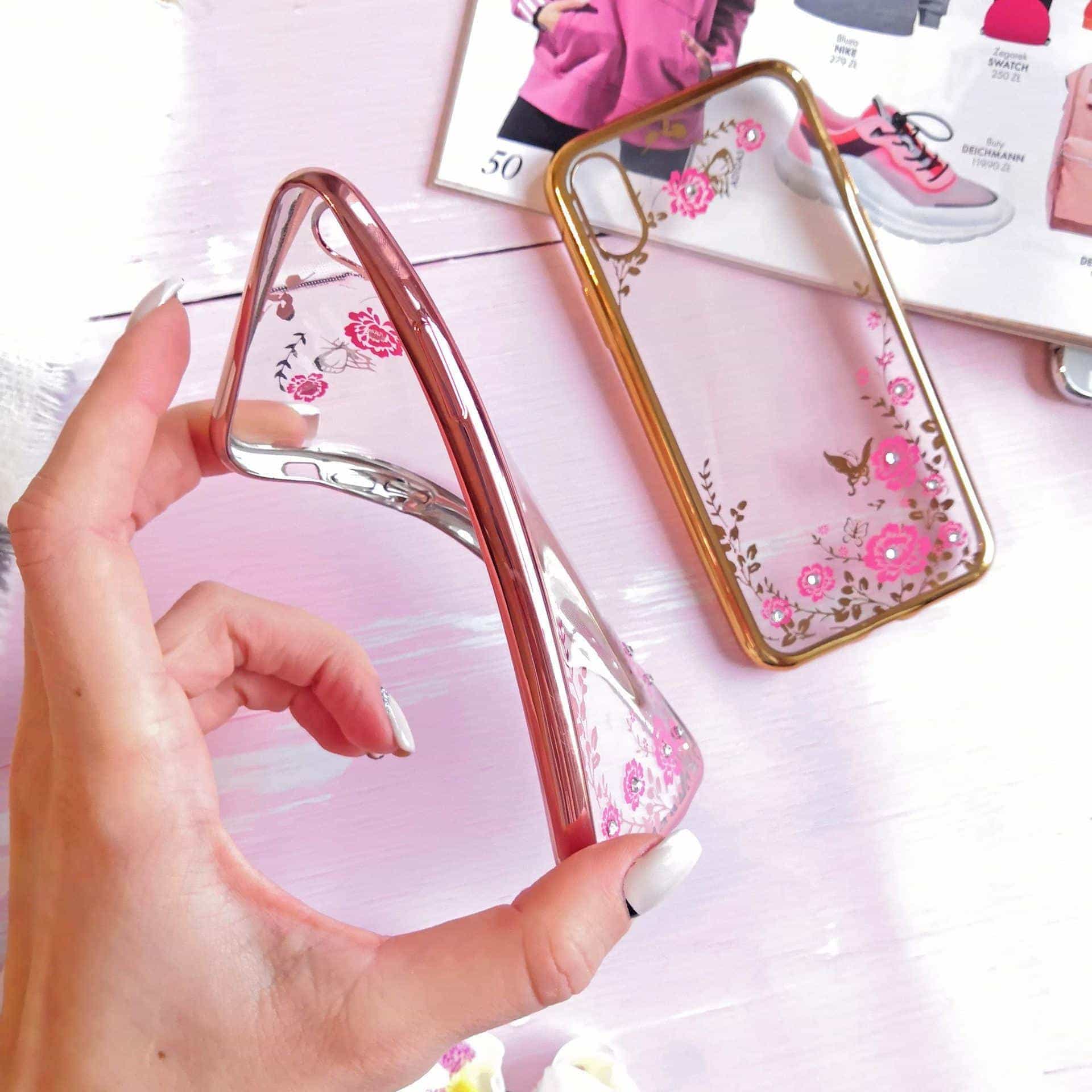 Etui do iPhone X/XS przeźroczyste z kwiatami, złote