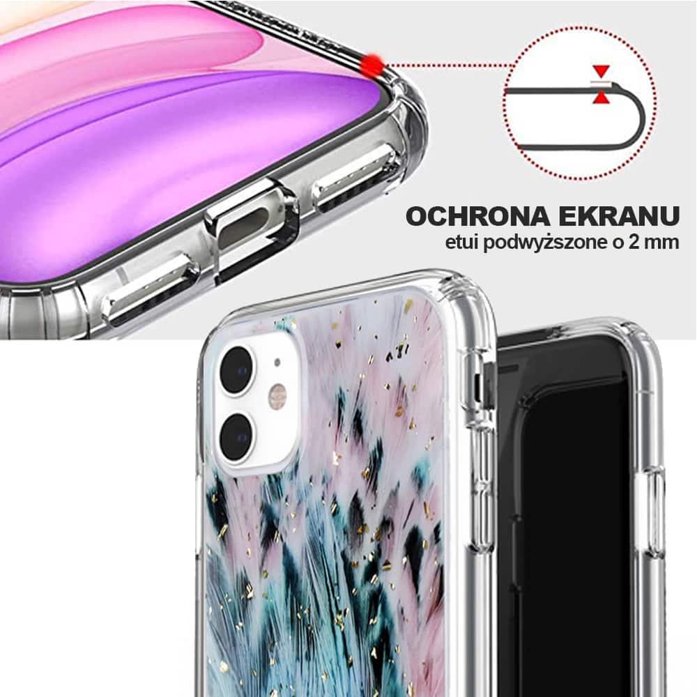 Etui do iPhone 11 brokatowe niebieskie pióra z cząstkami złota