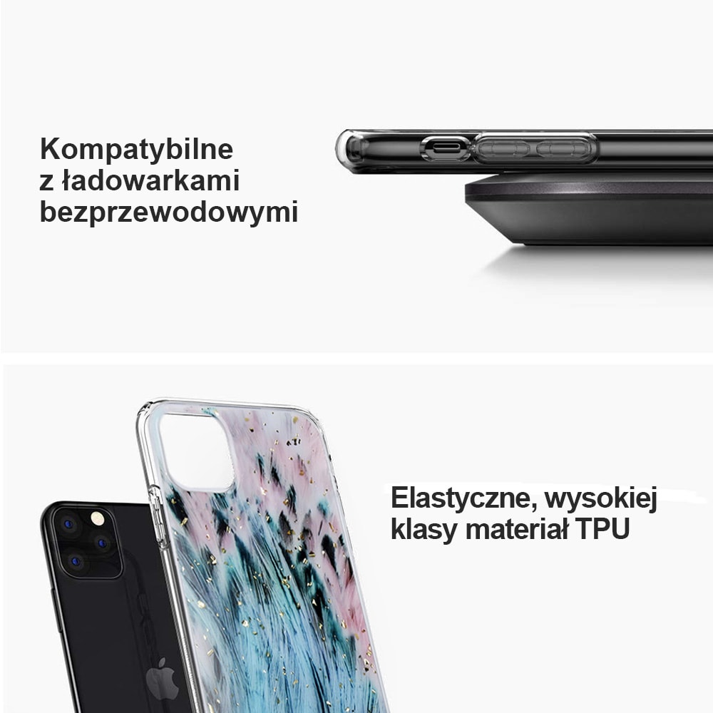 Etui do iPhone 11 brokatowe niebieskie pióra z cząstkami złota