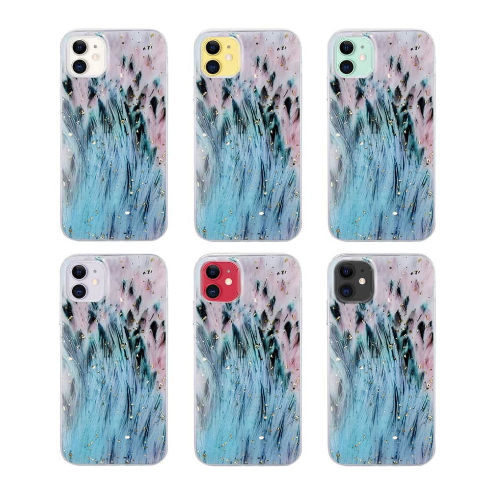 Etui do iPhone 11 brokatowe niebieskie pióra z cząstkami złota