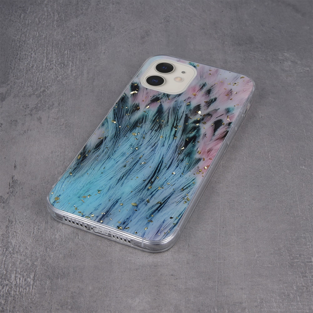 Etui do iPhone 11 brokatowe niebieskie pióra z cząstkami złota