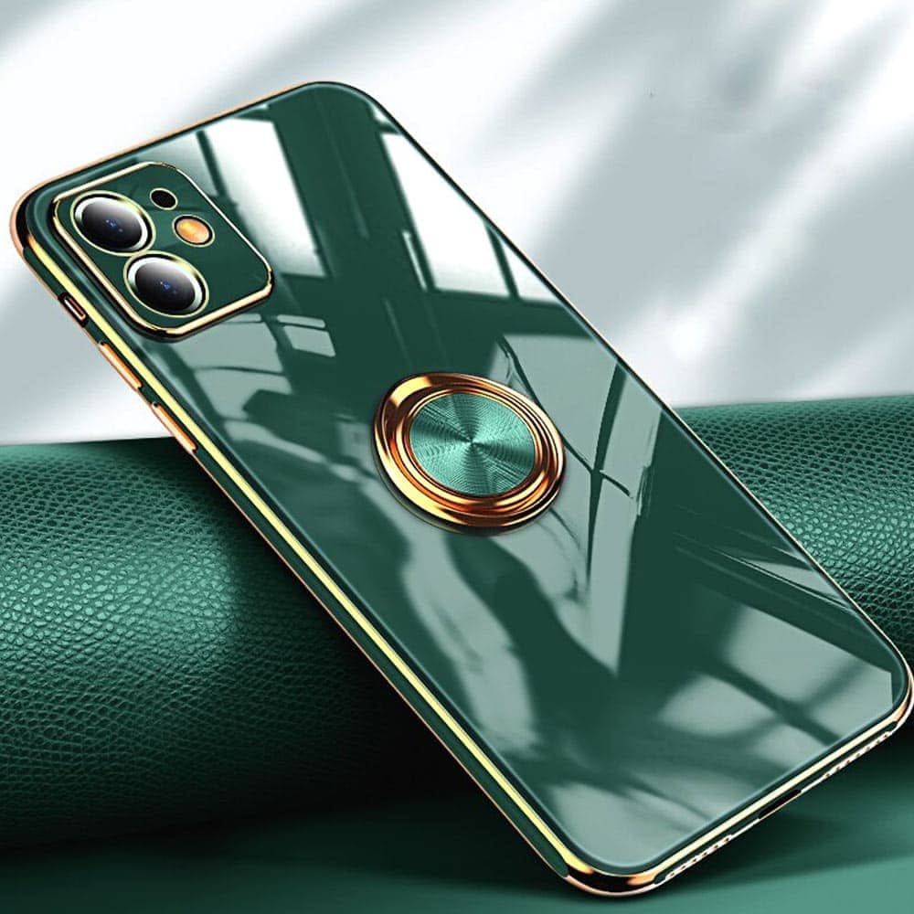 Etui do iPhone 12 eleganckie, ze złotym, metalowym uchwytem i zdobieniami, z osłoną na aparat, zielone deep green (OUTLET)