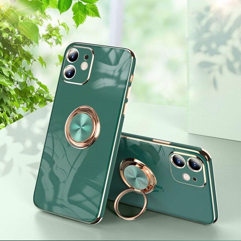 Etui do iPhone 12 eleganckie, ze złotym, metalowym uchwytem i zdobieniami, z osłoną na aparat, zielone deep green (OUTLET)