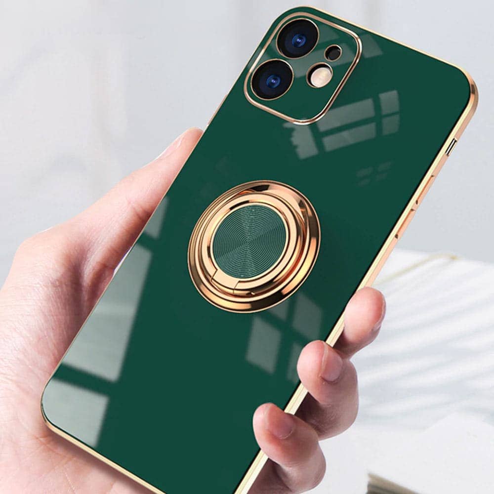 Etui do iPhone 12 eleganckie, ze złotym, metalowym uchwytem i zdobieniami, z osłoną na aparat, zielone deep green (OUTLET)