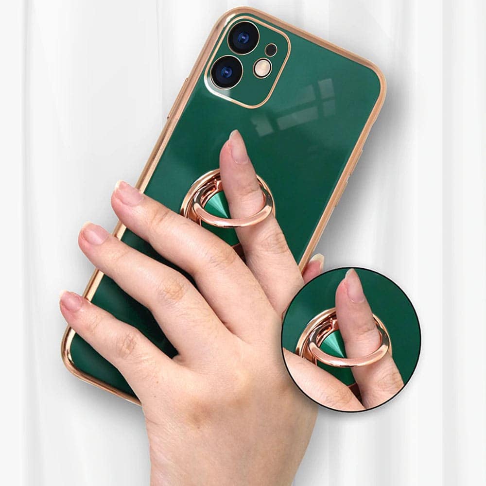Etui do iPhone 12 eleganckie, ze złotym, metalowym uchwytem i zdobieniami, z osłoną na aparat, zielone deep green (OUTLET)