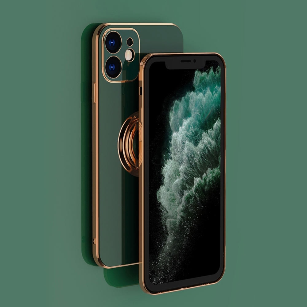 Etui do iPhone 12 eleganckie, ze złotym, metalowym uchwytem i zdobieniami, z osłoną na aparat, zielone deep green (OUTLET)