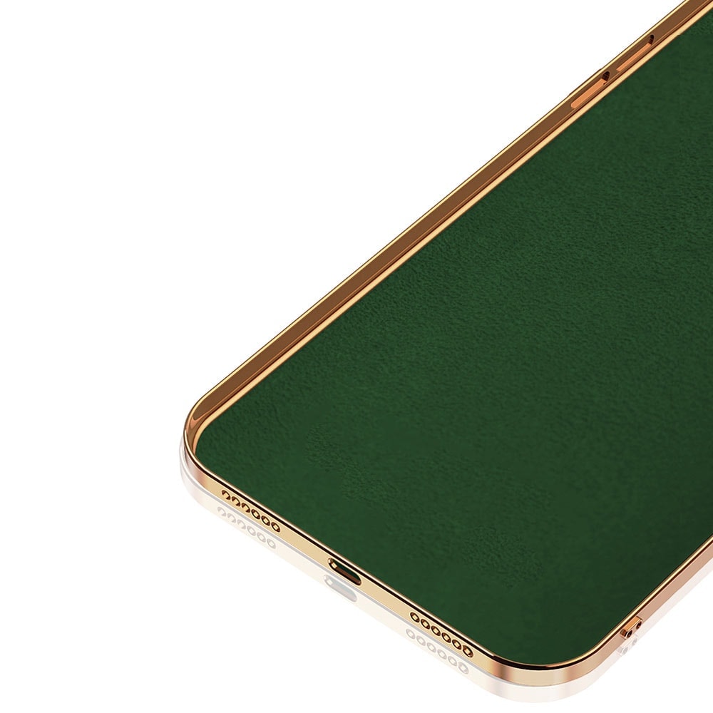 Etui do iPhone 12 eleganckie, ze złotym, metalowym uchwytem i zdobieniami, z osłoną na aparat, zielone deep green (OUTLET)