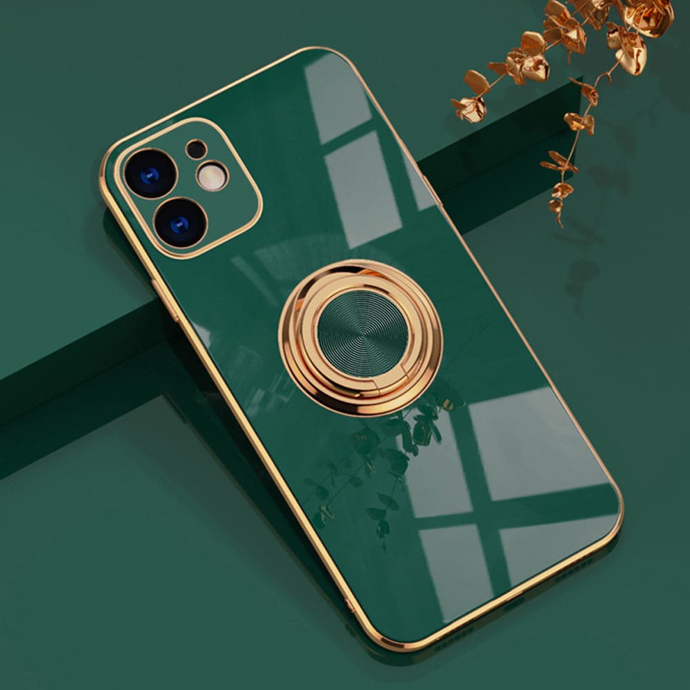 Etui do iPhone 12 eleganckie, ze złotym, metalowym uchwytem i zdobieniami, z osłoną na aparat, zielone deep green (OUTLET)