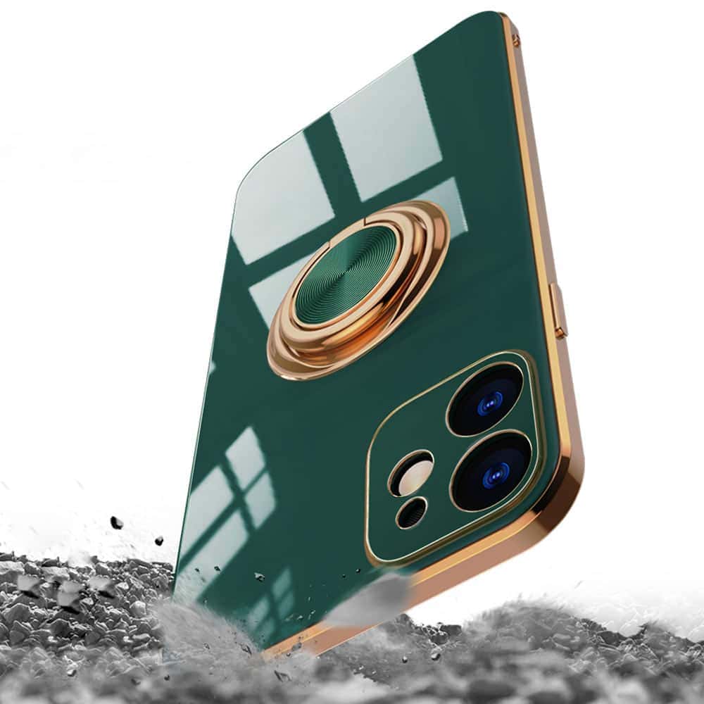 Etui do iPhone 12 eleganckie, ze złotym, metalowym uchwytem i zdobieniami, z osłoną na aparat, zielone deep green (OUTLET)