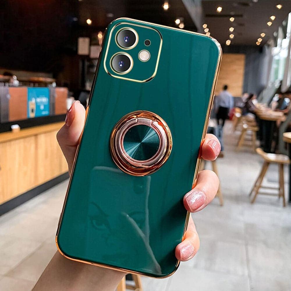 Etui do iPhone 12 eleganckie, ze złotym, metalowym uchwytem i zdobieniami, z osłoną na aparat, zielone deep green (OUTLET)