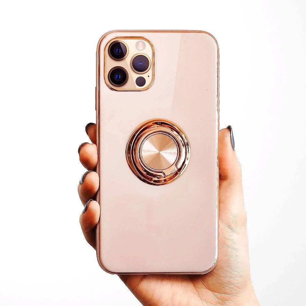 Etui do iPhone 13 Pro eleganckie, ze złotym metalowym uchwytem i zdobieniami, złoty róż