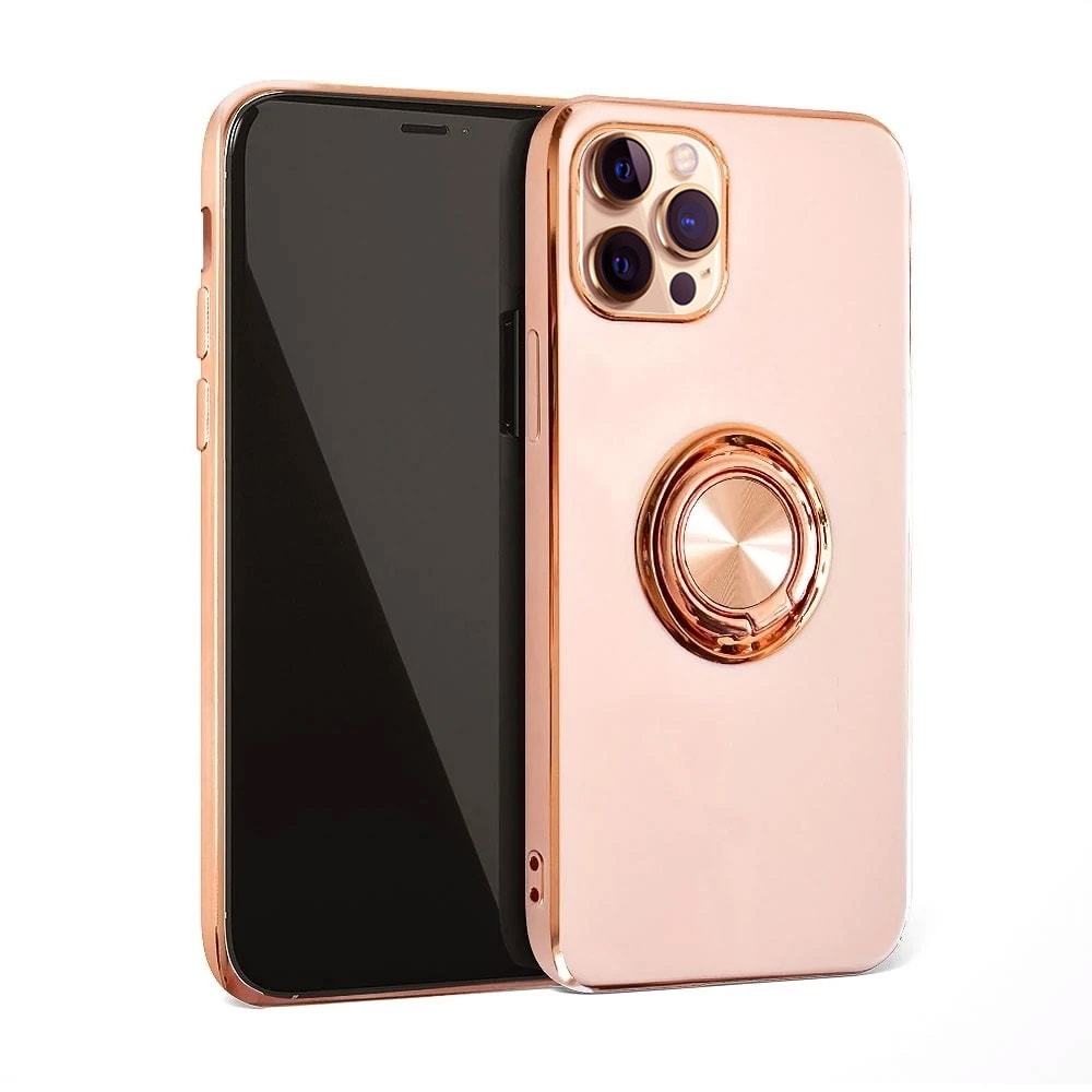 Etui do iPhone 13 Pro eleganckie, ze złotym metalowym uchwytem i zdobieniami, złoty róż