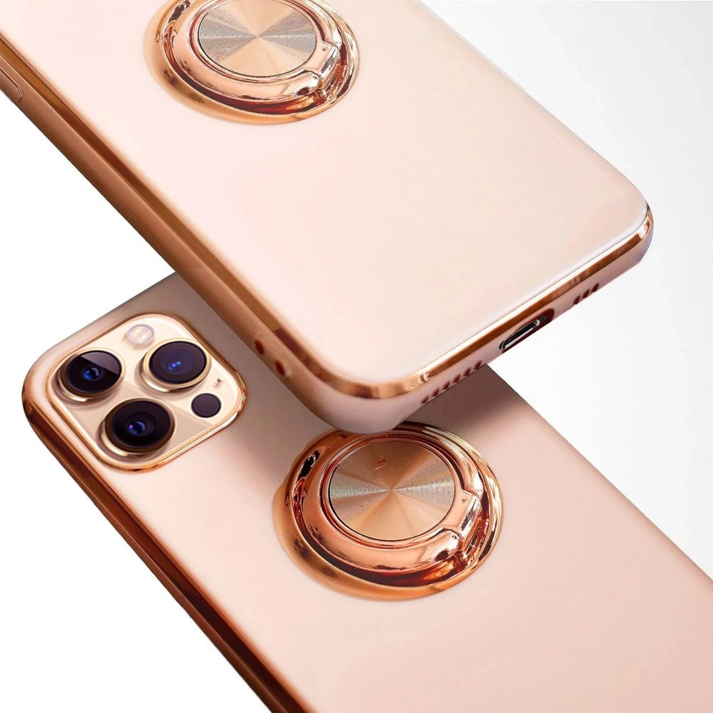 Etui do iPhone 13 Pro eleganckie, ze złotym metalowym uchwytem i zdobieniami, złoty róż