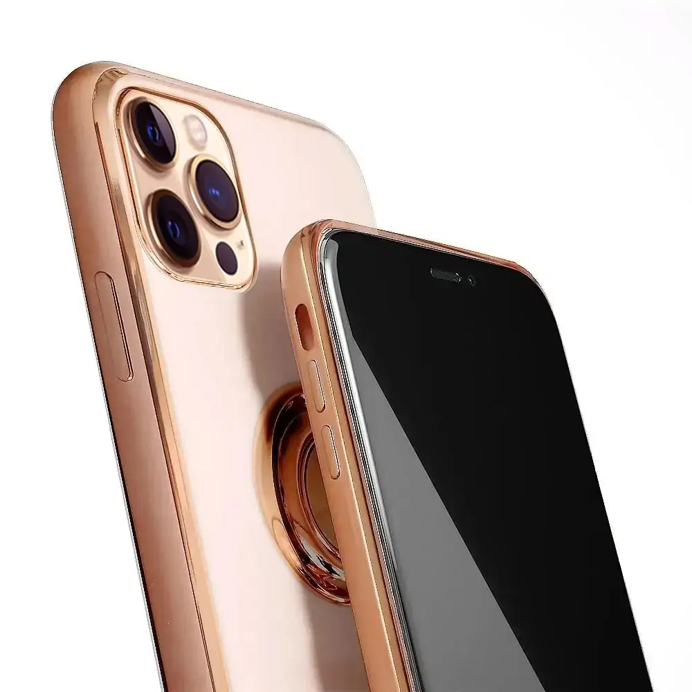 Etui do iPhone 13 Pro eleganckie, ze złotym metalowym uchwytem i zdobieniami, złoty róż
