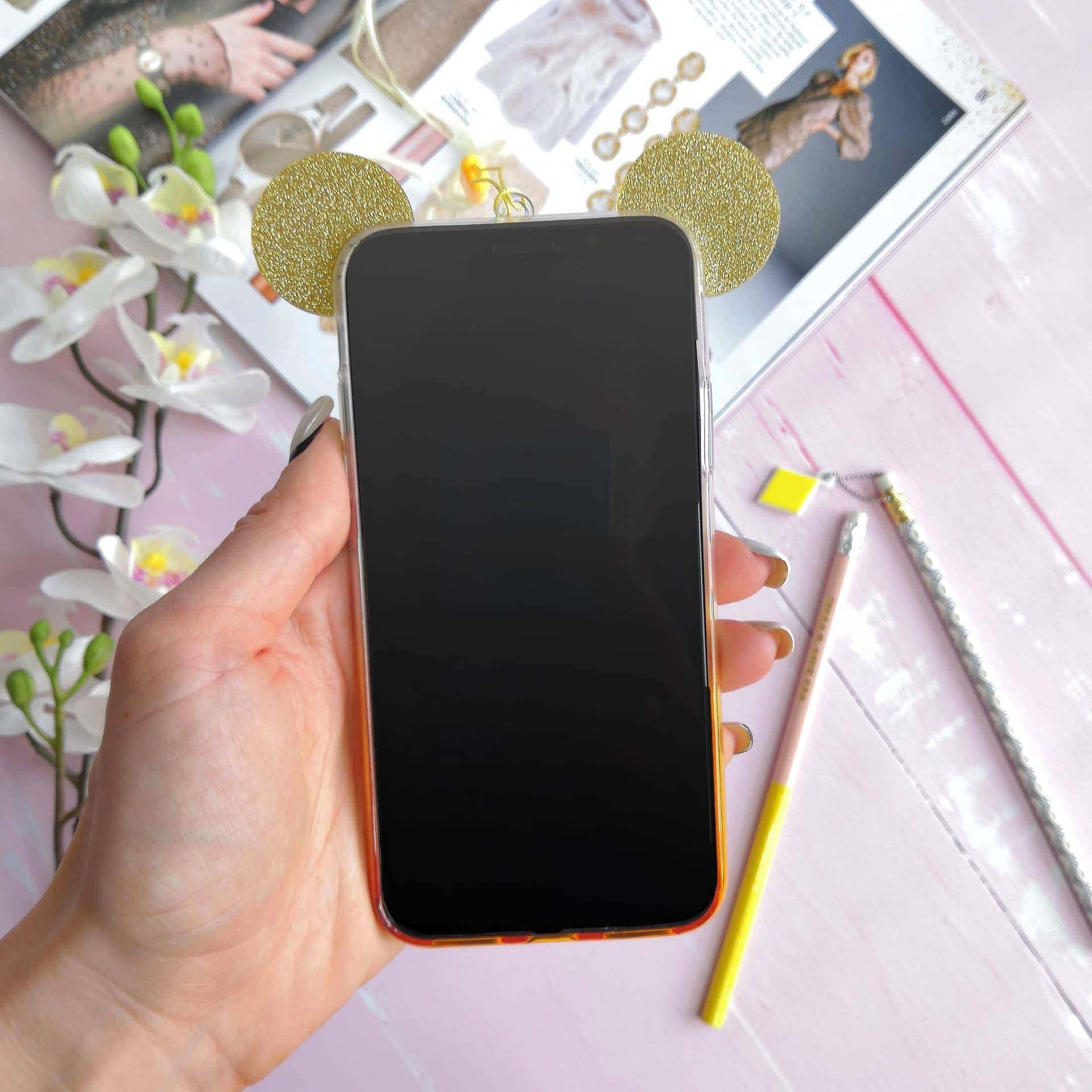 Etui do iPhone X/XS silikonowe brokatowe srebrno-złote z uszkami myszki Miki