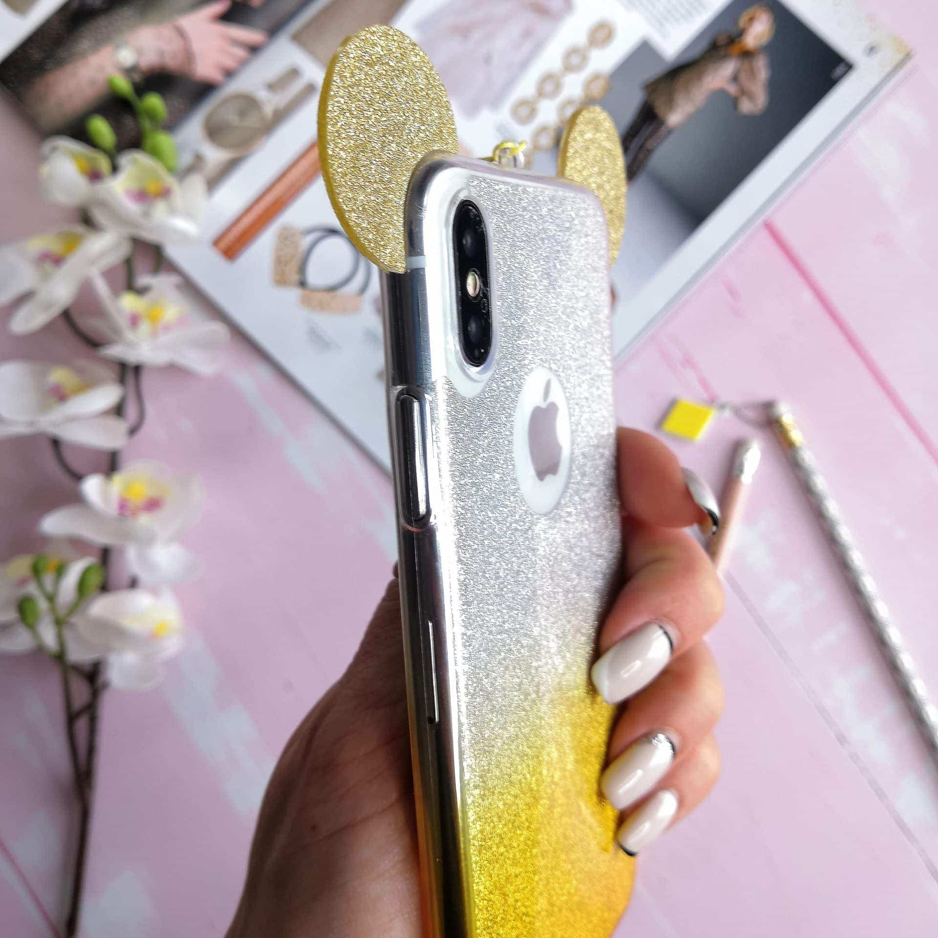 Etui do iPhone X/XS silikonowe brokatowe srebrno-złote z uszkami myszki Miki