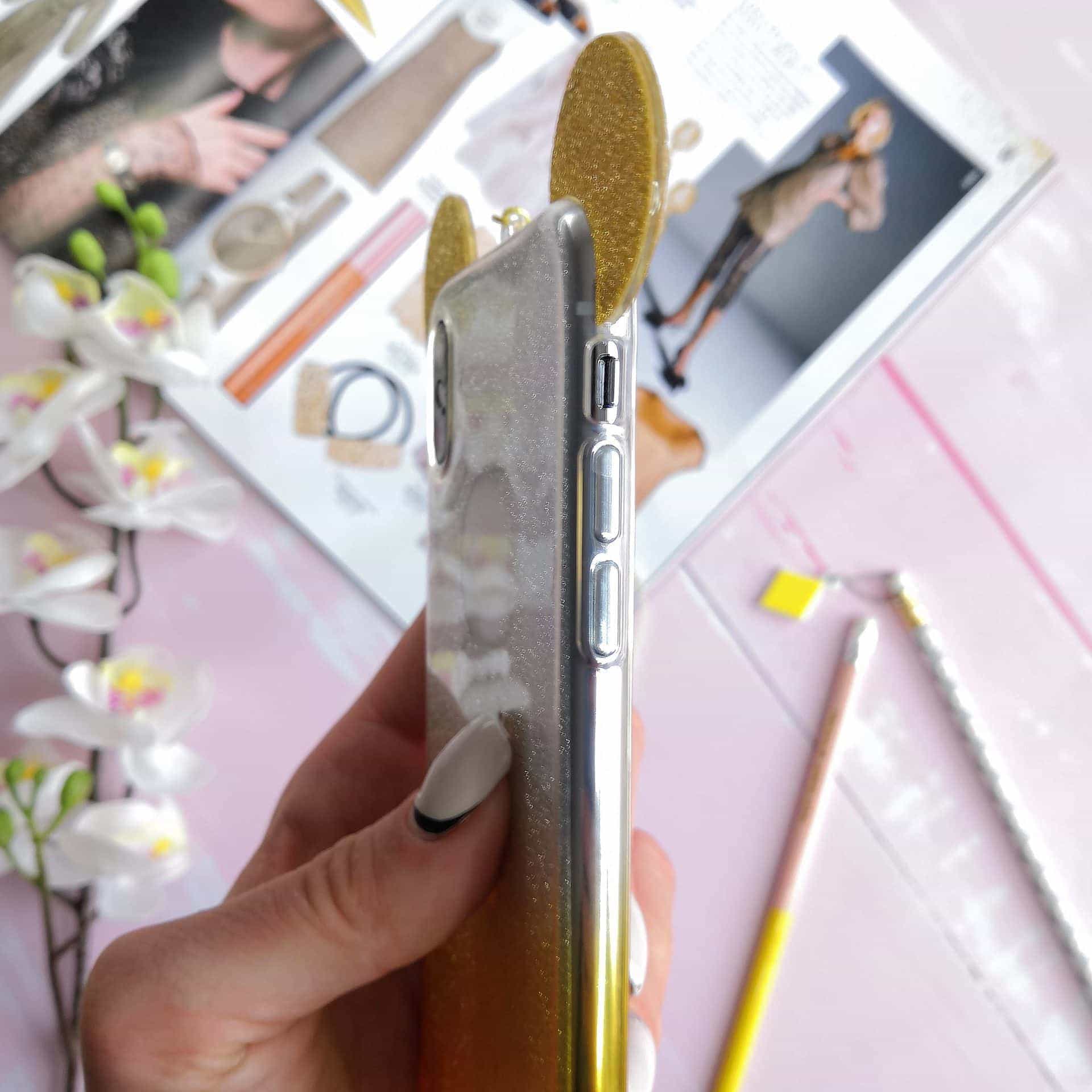 Etui do iPhone X/XS silikonowe brokatowe srebrno-złote z uszkami myszki Miki